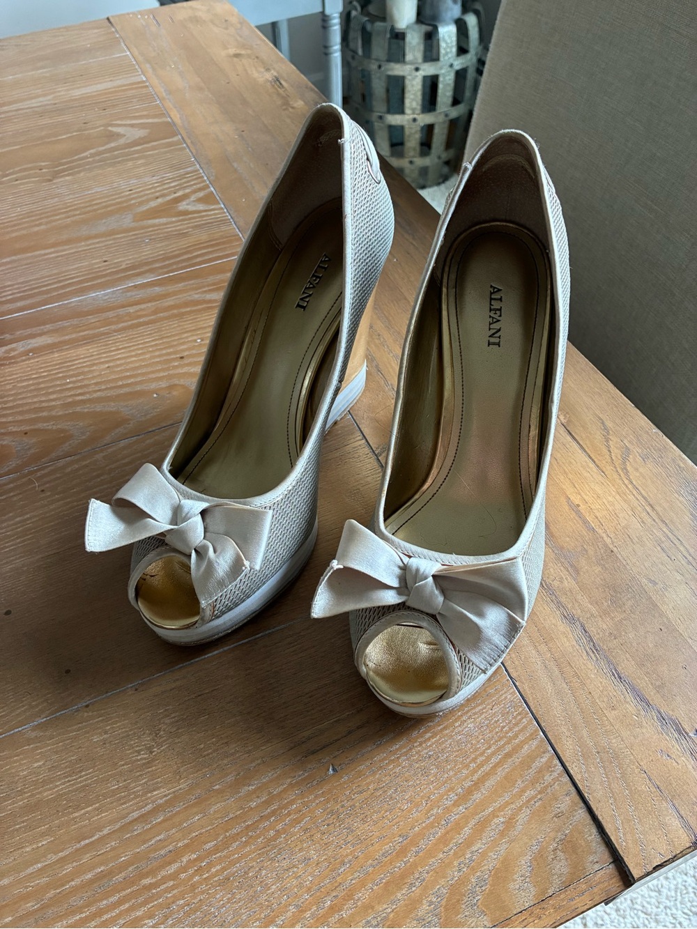Alfani Cream Peep-Toe Bow Wedge Heels